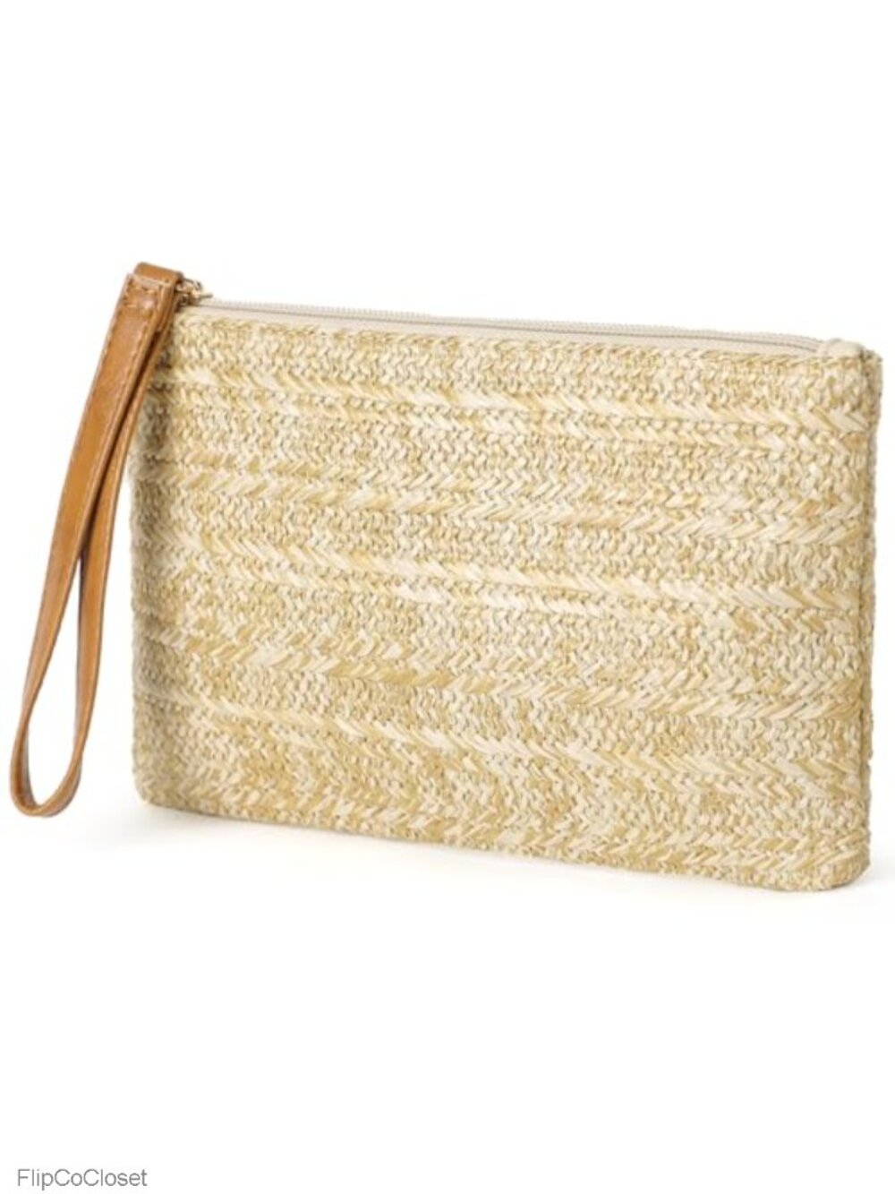 Straw Wristlet Purse Woven Beach Clutch with Zipper, Detachable Chain Strap